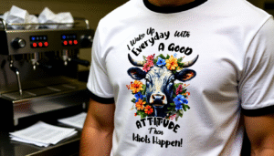 I Woke Up In A Good Mood Then Idiots Happen Ringer T-Shirt Next Level 3604 Heather Gray color, 4.3 oz 100% combed cotton (90/10), regular fit side-seamed, crew neck 1×1 baby rib binding, contrast trims, displayed on model in coffee shop chaos with UGC polaroids and live countdown timer, machine wash cold, sourced Nicaragua. 