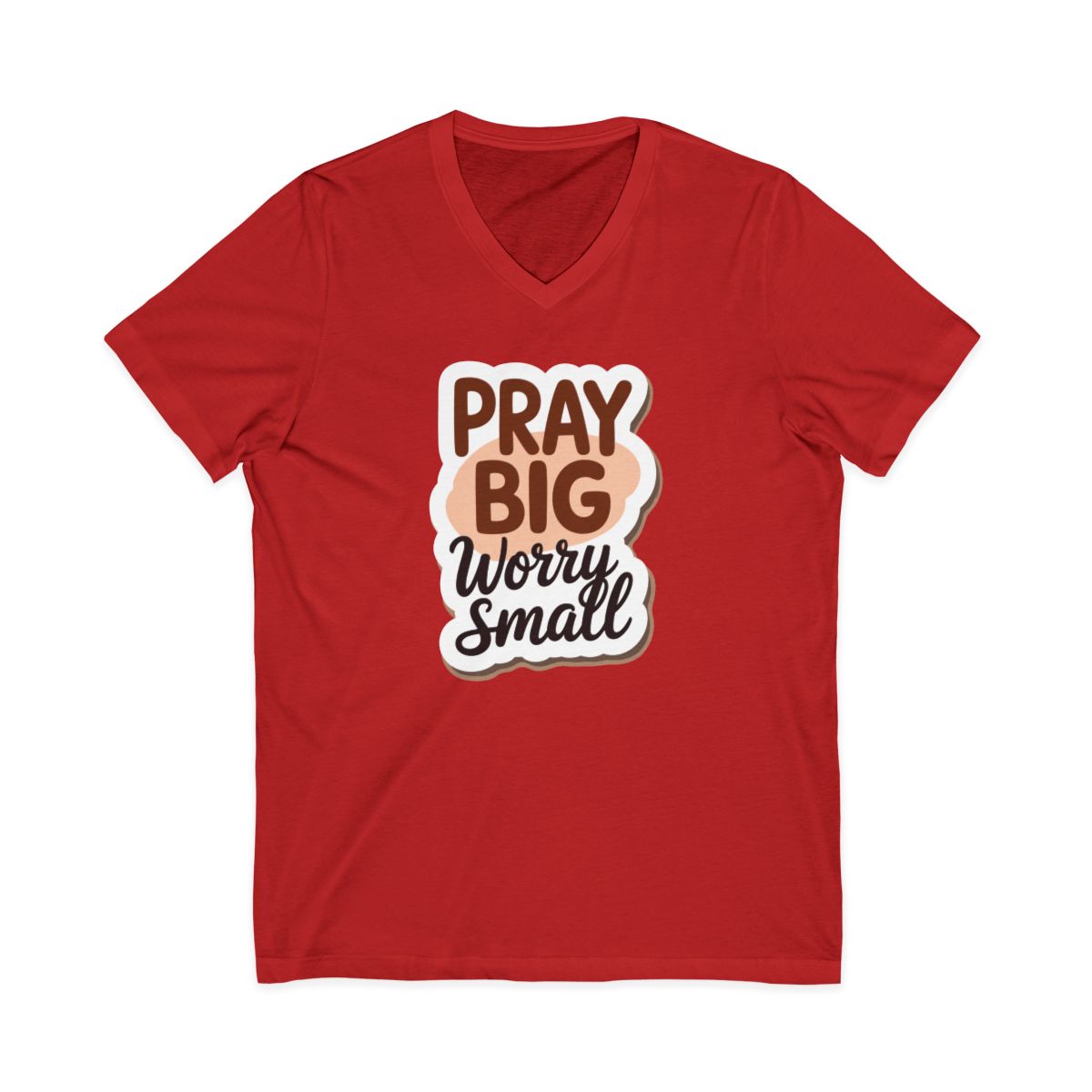 Pray Big Worry Small Unisex Jersey Short Sleeve V-Neck Tee Bella+Canvas 3005 Oatmeal Heather color, 4.2 oz 100% Airlume cotton (heather blend), retail fit side-seamed, ribbed collar, shoulder tape, tear-away label, displayed on model in sunrise prayer garden with UGC polaroids and live countdown timer, machine wash warm, FLA WRAP Platinum, made in Nicaragua, perfect Christmas gift.